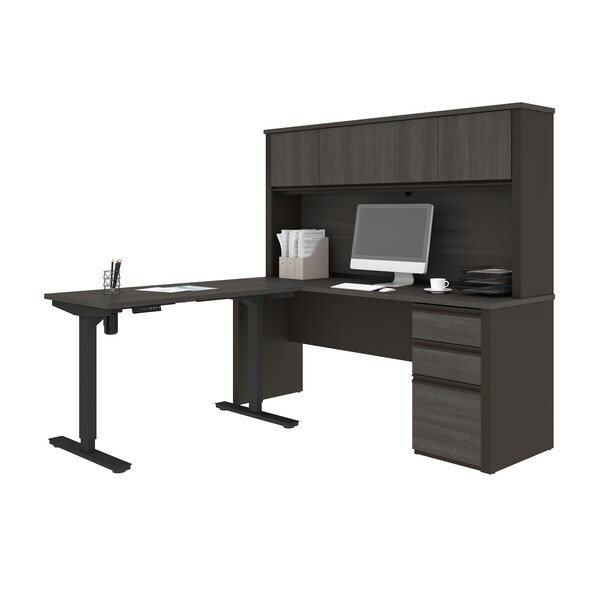 Bestar Prestige + Height Adjustable L-Desk with Hutch, Bark Gray/Slate 99886-000047 - main